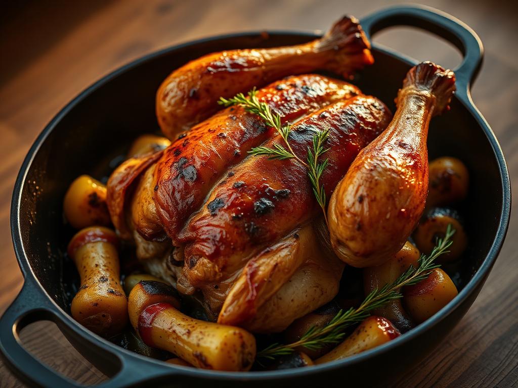 Roast chicken with vegetables in a cast iron pan